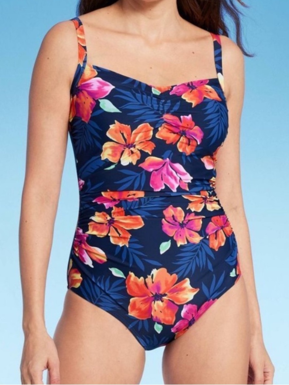 NWT Lands' End Navy Floral Sweetheart One-Piece Swimsuit